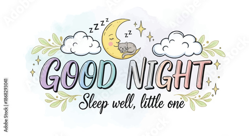 A cute illustration of a sleeping sloth with moon and clouds good night