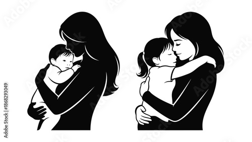 Black silhouette illustration of mother holding newborn baby and little girl in her arms with love and care with family and parenting and child