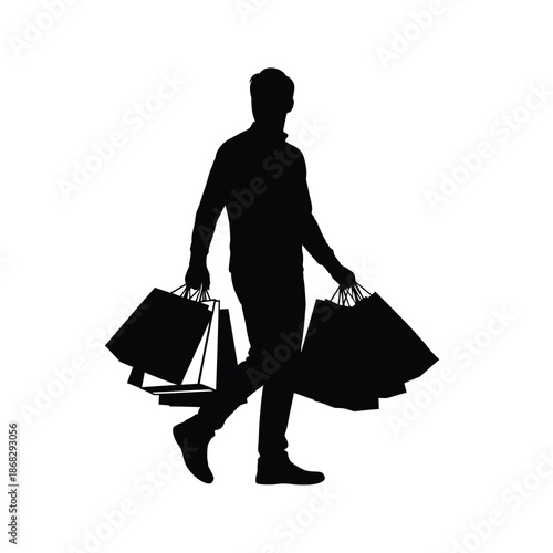Shopping man silhouette carrying bags walking isolated