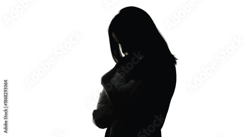 Silhouette of a woman holding her pregnant belly in a thoughtful pose on a white background with pregnancy and contemplative and expectant