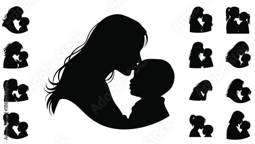 Black silhouette illustration of a mother kissing her child surrounded by smaller silhouettes of various mother child interactions on white background