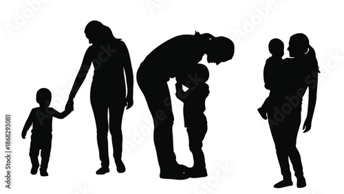 Silhouette illustration of diverse family relationships and interactions with mother and father and child and love and care and children and parent