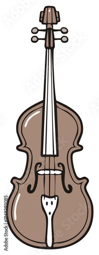 Stylized illustration of a brown cello with four tuning pegs and strings, presented vertically.