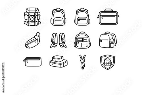 Backpack Icon Set. Backpacks. Line outline icon set of backpacks: hiking backpack, school backpack, daypack,