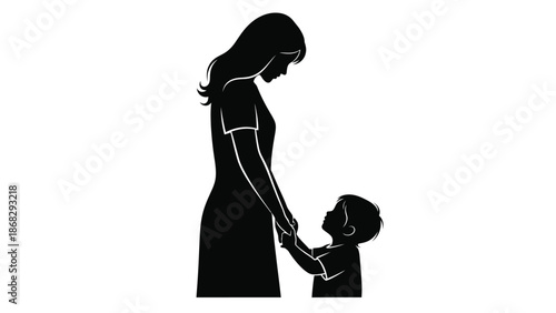 Silhouette of a mother and child holding hands looking up at each other in a white background with family and love and care and support and woman