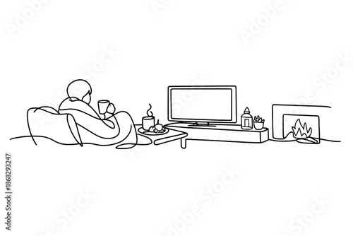 Minimalist Winter Relaxation. Winter indoor TV moment. Minimalistic one-line drawing cozy winter interior with