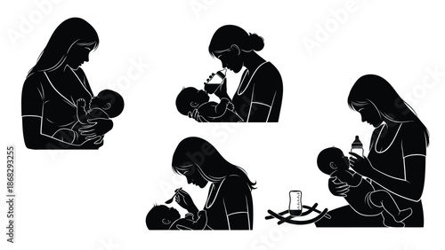 Mother nursing and bottle feeding baby in various positions and settings with silhouettes with breastfeeding and parenting and care and infant