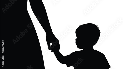 Silhouette of a child holding an adult's hand against a white background with family and love and care and support and guidance and black