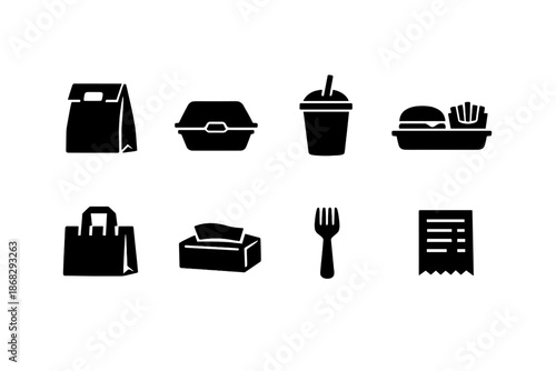 Fast Food Icons. Fast Food Takeout. Filled icon set of Fast Food Takeout: takeout bag, clamshell box, soda cup