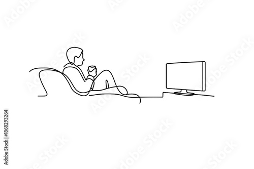 Winter TV Night. Home TV watching in winter. Minimalistic one-line drawing person enjoying TV indoors on snowy