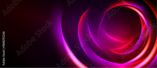 Abstract design features swirling, luminous shapes. Vivid magenta, purple, red hues create dynamic visual impact. Dark background emphasizes bright curves.