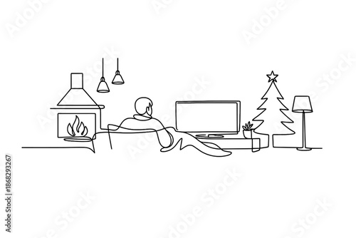 Nordic Winter TV Night. Nordic winter TV evening. Minimalistic one-line drawing Nordic-style interior with