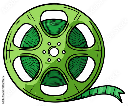 Vintage green movie film reel with unspooled strip cartoon style vector illustration