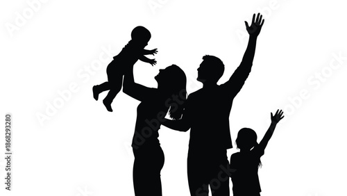 Silhouette of a happy family with parents and two children against a white background celebrating and having fun together with celebration
