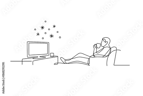 Snowy Evening TV. Evening TV time in snow season. Minimalistic one-line drawing person enjoying TV during