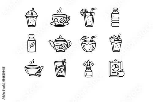 Organic Drink Icon Set. Organic Drinks. Line outline icon set of organic drinks: green smoothie, herbal tea