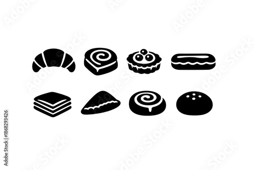 Pastry Icon Set. Pastries. Filled icon set of Pastries: croissant, Danish pastry, tart, éclair, puff pastry,