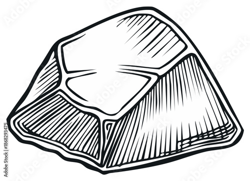 Detailed black and white line art illustration of a raw beef steak cut for cooking and butchery themes