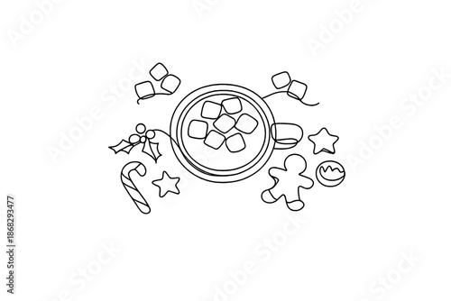 Festive Cocoa Minimalism. Festive hot chocolate flat lay. Minimalistic one-line drawing top-down view of cup