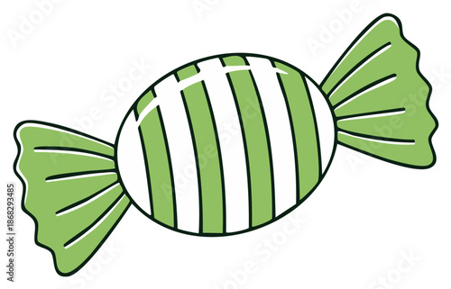 Striped green wrapped hard candy illustration with ruffled wrapper design on a white background