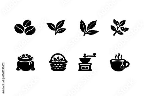 Coffee and Tea Icons. Coffee Beans & Tea Leaves. Filled icon set of Coffee Beans & Tea Leaves: roasted coffee