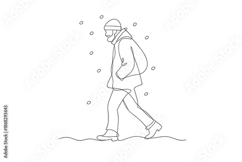 Bearded Man Snowstorm. Evening snowstorm bearded man. Minimalistic one-line drawing bearded man walking in