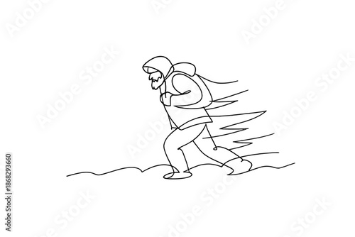 Bearded Man in Storm. Bearded man braving winter storm. Minimalistic one-line drawing determined bearded man