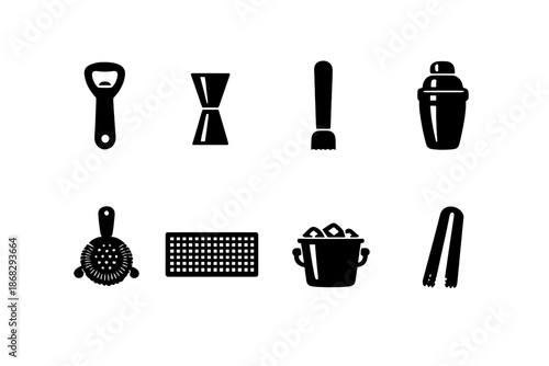 Bar Tools Icons. Bar Accessories. Filled icon set of Bar Accessories: bottle opener, jigger, muddler, shaker,
