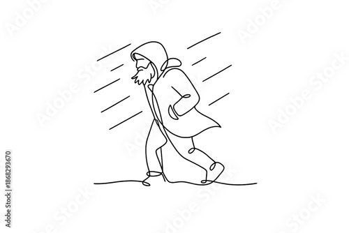 Nordic Man Snowstorm. Nordic bearded man in snowstorm. Minimalistic one-line drawing Nordic-style bearded man