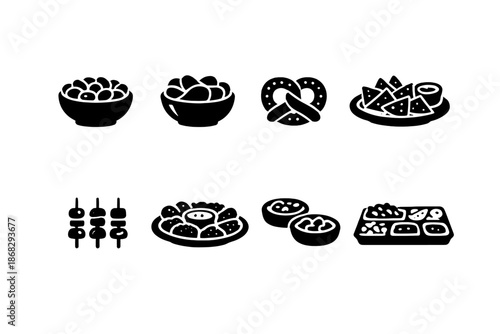 Bar Snacks Icons. Bar Snacks. Filled icon set of Bar Snacks: peanuts bowl, chips, pretzels, nachos, finger