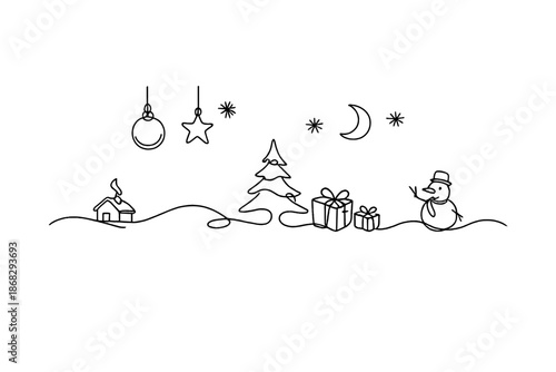 Minimal Winter Poster. Seasonal poster mockup. Minimalistic one-line drawing minimal winter holiday poster