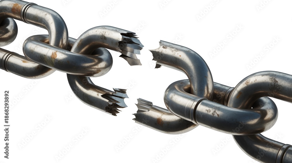 Obraz premium A broken metal chain with sharp ends on a white background