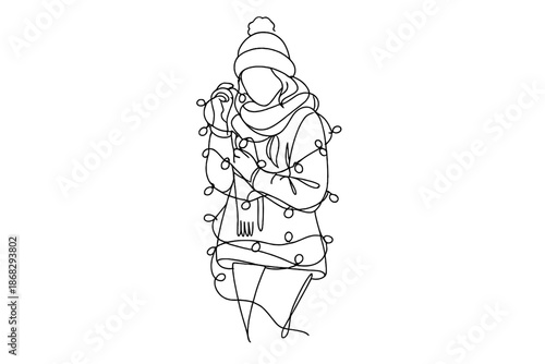 Winter Fashion Lights. Winter fashion fairy lights. Minimalistic one-line drawing model wrapped in fairy