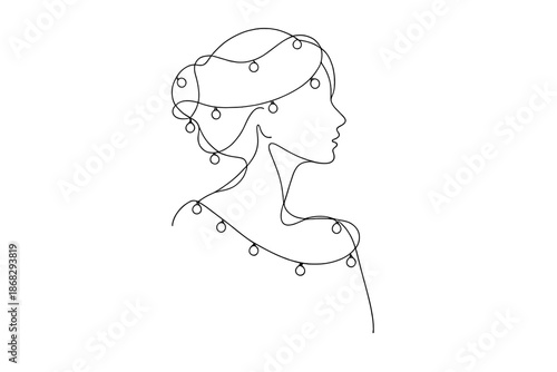 Winter Light Silhouette. Portrait winter lights. Minimalistic one-line drawing model silhouette adorned with