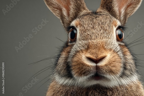 Rabbit portrait with brown fur, whiskers, and big dark eyes on a neutral background