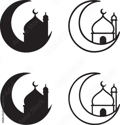 Isolated crescent moon mosque icon, crescent moon with mosque symbol vector, Islamic architecture minimal illustration, Muslim holiday branding, religious celebration design, crescent mosque vector