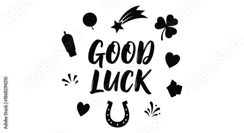 Good luck message with lucky charms and decorative elements in black and white