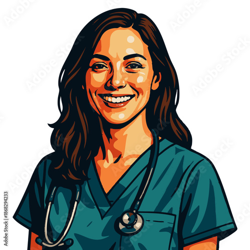 happy female nurse in scrubs with a stethoscope, symbolizing healthcare, positivity, and support. Generative ai vector colorful pop art illustration.