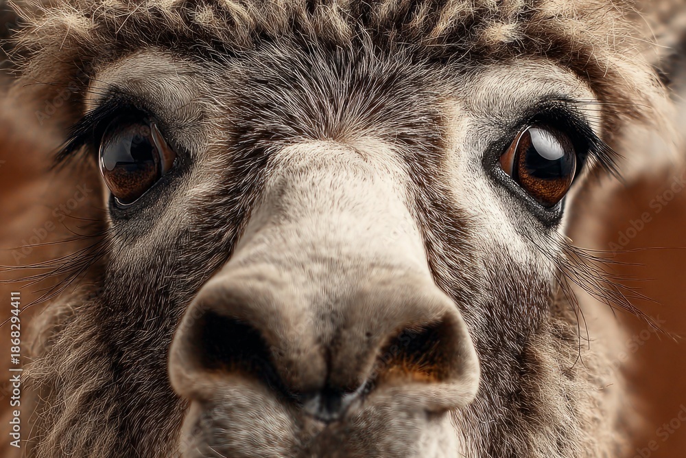 Fototapeta premium Alpaca's face showing both eyes and nose in a detailed close-up