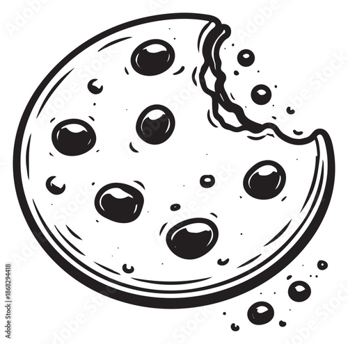 Hand drawn illustration of a chocolate chip cookie depicting a bite taken out of it for bakery and snack designs