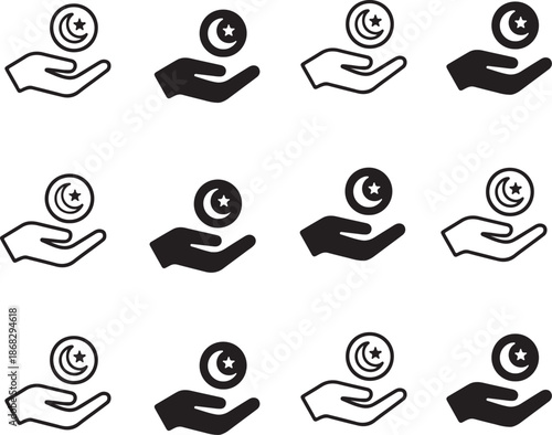 Isolated Ramadan charity hand icon, Ramadan charity helping hand vector, Islamic community support illustration, Muslim philanthropic minimal design, Ramadan charity branding, giving hand vector