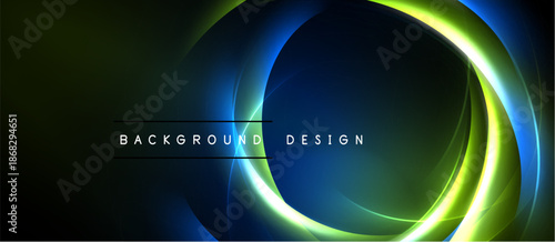 Abstract neon circles overlap dark background. Vibrant green, blue hues create dynamic visual effect. Text reads background design.