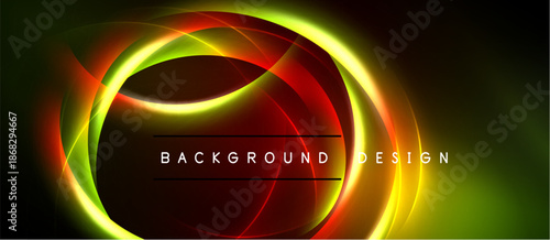 Abstract neon lights form circular shapes. Vibrant colors blend, creating dynamic visual effect. Dark background enhances luminosity.