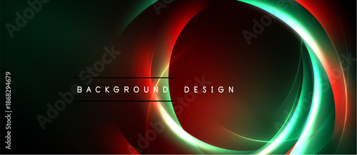 Abstract neon circles, vibrant green, red hues. Dark background creates dramatic visual effect. Modern design element.