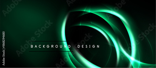 Dark green background features glowing neon swirls. Minimalist design with text background design centered below curves. Modern aesthetic.