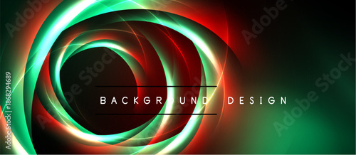 Abstract neon circles, red, green hues. Dark background creates dynamic visual effect. Text reads background design.