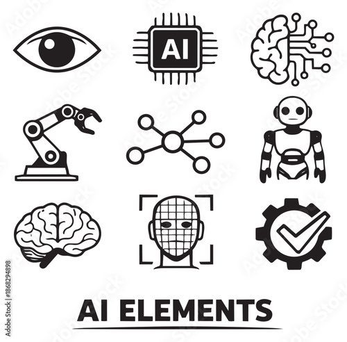 Modern line art artificial intelligence icon set featuring an AI chip, robotic arm, robot, brain, and neural network symbols for technology concepts and digital innovation