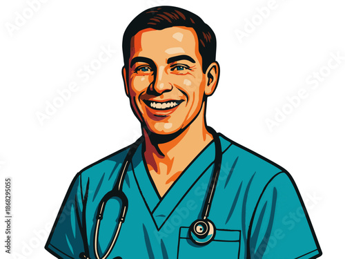 happy male nurse in scrubs with a stethoscope, symbolizing healthcare, positivity, and support. Generative ai vector colorful pop art illustration.
