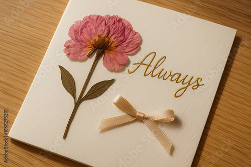 The cream-colored cardboard is decorated with a dried flower (pink peony), an elegant gold foil inscription 