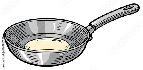 Illustration of a metal skillet with melting butter or oil ready for cooking